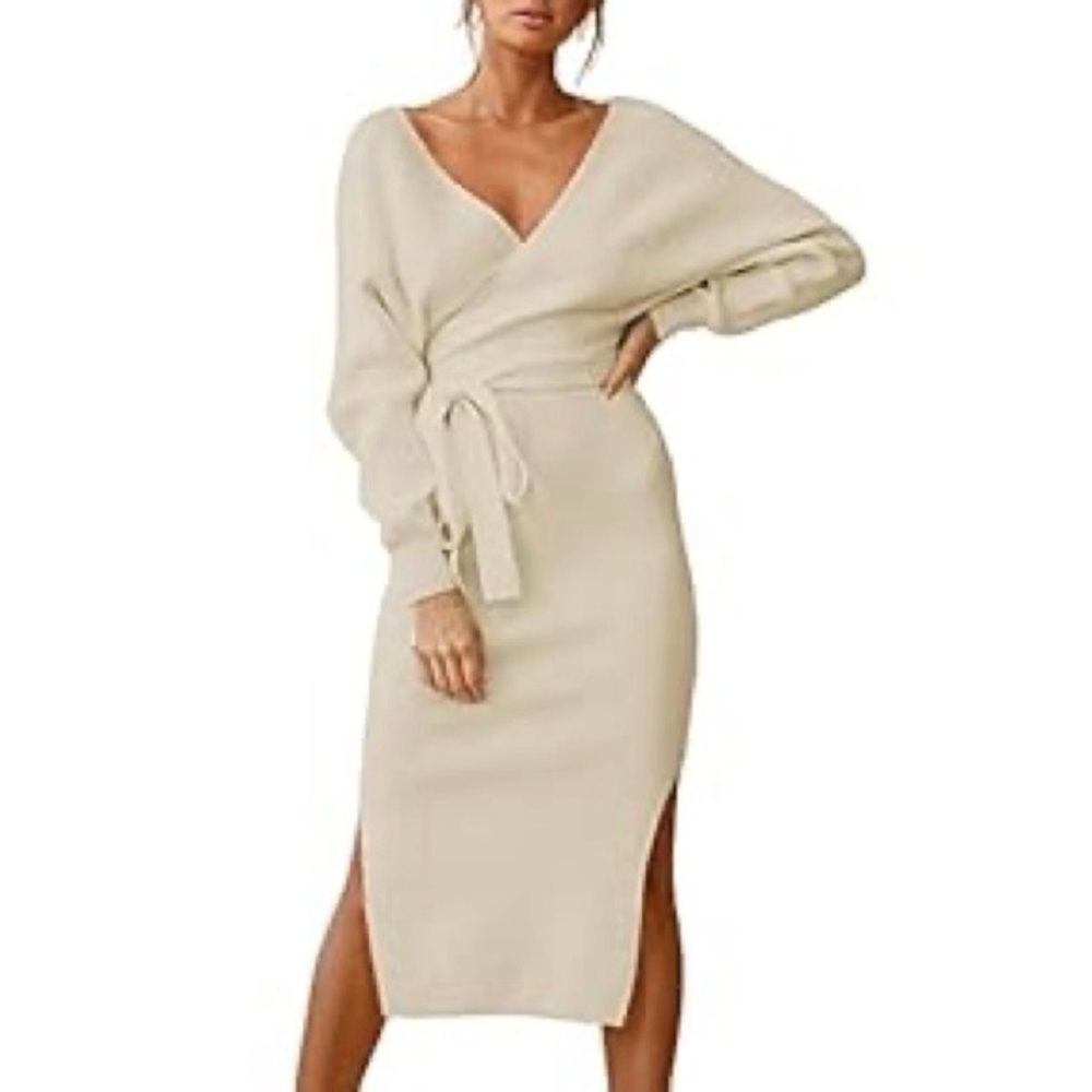 Elegant V Neck Wrap Knit Dress